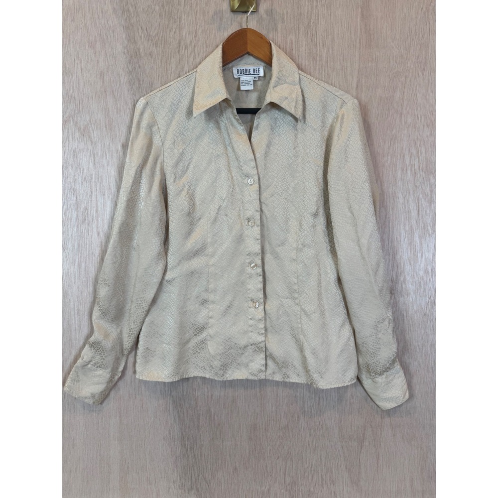 Robbie Bee Vintage 100% Silk Blouse Light Gold Snakeskin Print Button Down M
